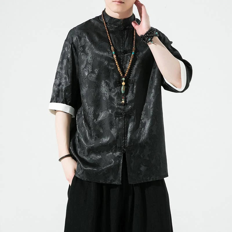Buddha Stones Summer Cashew Flowers Pattern Men's Frog-Button Half Sleeve Shirts