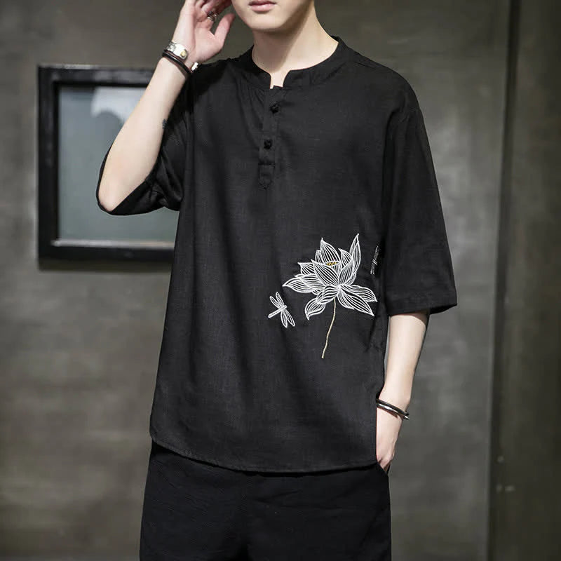 Buddha Stones Summer Embroidered Lotus Dragonfly Pattern Chinese Frog-Button Men's Short Sleeve T-shirt