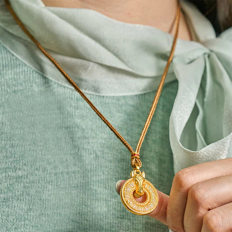 Buddha Stones Year Of The Horse Peace Buckle Fu Character Gold Plated Copper Energy Necklace Pendant