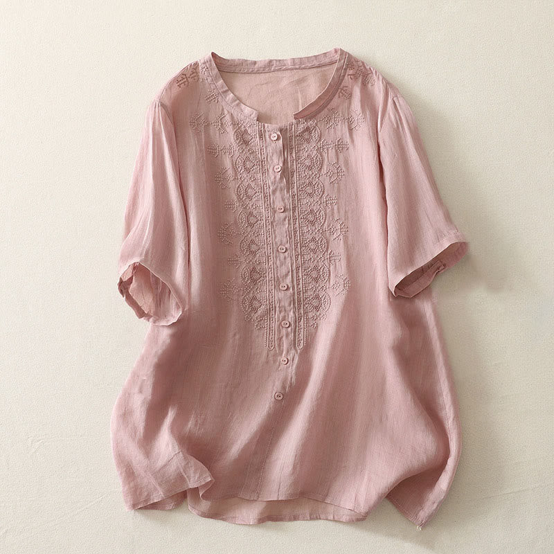 Buddha Stones Summer Floral Pattern Crew Neck Short Sleeve Women's Polyester Shirt