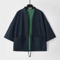 Buddha Stones Solid Lace-up Open Front Three Quarter Sleeve Jacket Men's Denim Cotton Kimono