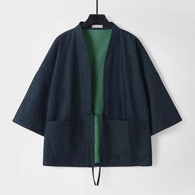 Buddha Stones Solid Lace-up Open Front Three Quarter Sleeve Jacket Men's Denim Cotton Kimono
