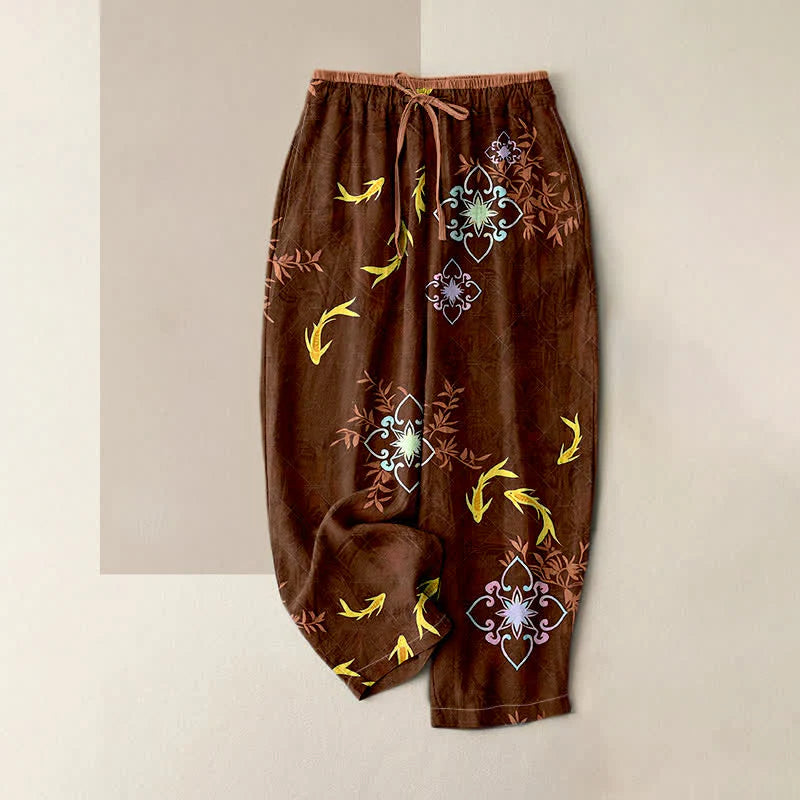 Buddha Stones Koi Fish Print Geometric Pattern Cotton Drawstring Women's Pants With Pockets