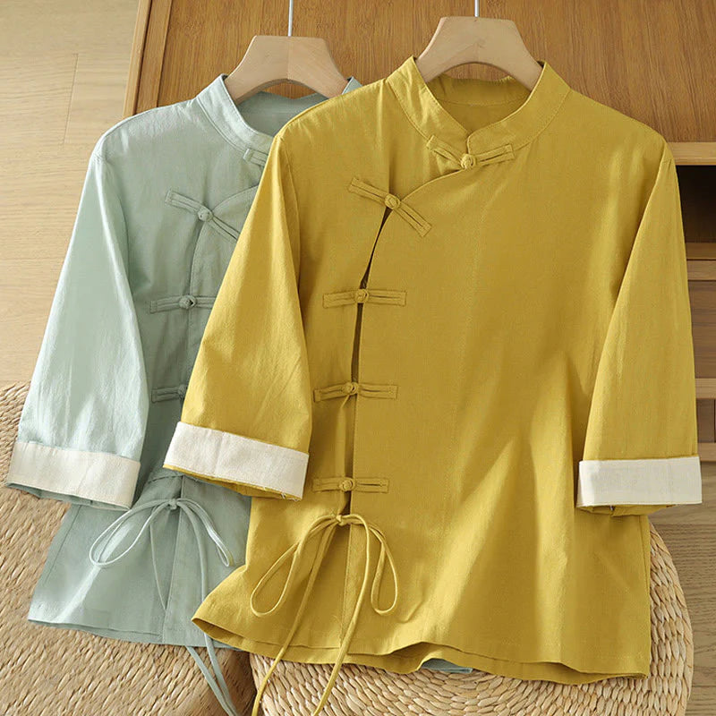 Buddha Stones Casual Vintage Chinese Frog-Button Lace-Up Patchwork Design Women's Cotton Shirt