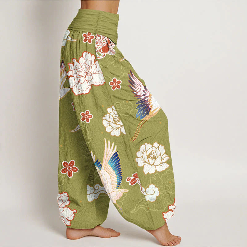 Buddha Stones Print Cranes Peonies Pattern Women's Elastic Waist Harem Pure Cotton Pants