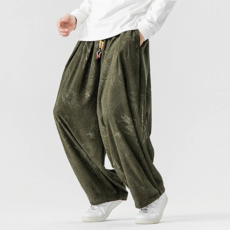 Buddha Stones Winter Dragon Phoenix Pattern Cotton Corduroy Men's Harem Pants With Pockets