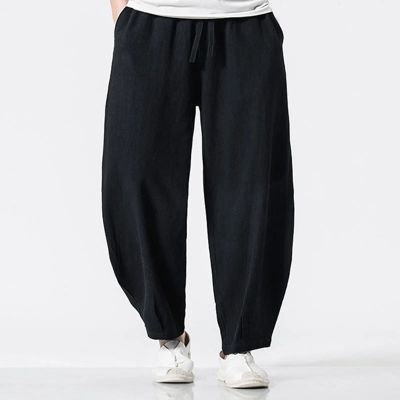 Buddha Stones Drawstring Elastic Waist Ankle-Length Men's Cotton Pants With Pockets