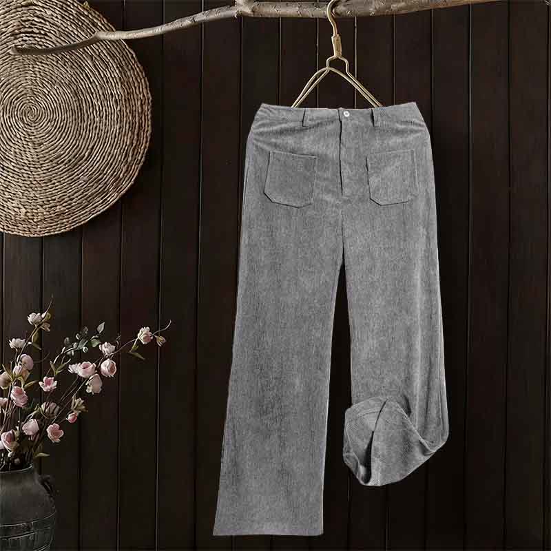 Buddha Stones Plain Corduroy Polyester Women's Buttons Wide Leg Pants With Pockets