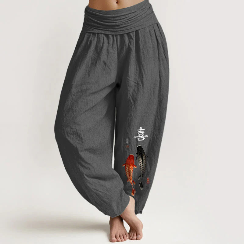 Buddha Stones Pure Cotton Concise Koi Fish Chinese Character Pattern Women's Elastic Waist Harem Pants