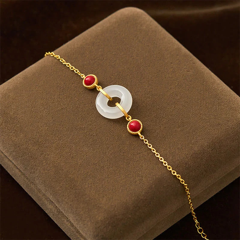 Buddha Stones Peace Buckle Hetian White Jade Copper Plated Gold Protection Bracelet