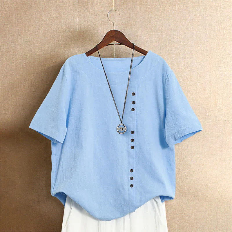 Buddha Stones Casual Summer Pure Color Jacquard Button Crew Neck Cotton Women's Short Sleeve T-Shirt