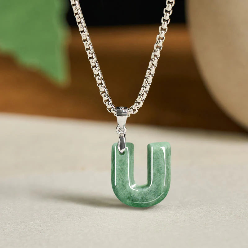 Buddha Stones Natural A-Z Letter Jade Titanium Steel Wide Chain Prosperity Necklace Pendant