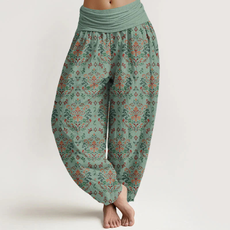 Buddha Stones Pure Cotton Retro Symmetrical Flower Leaf Pattern Women's Elastic Waist Harem Pants