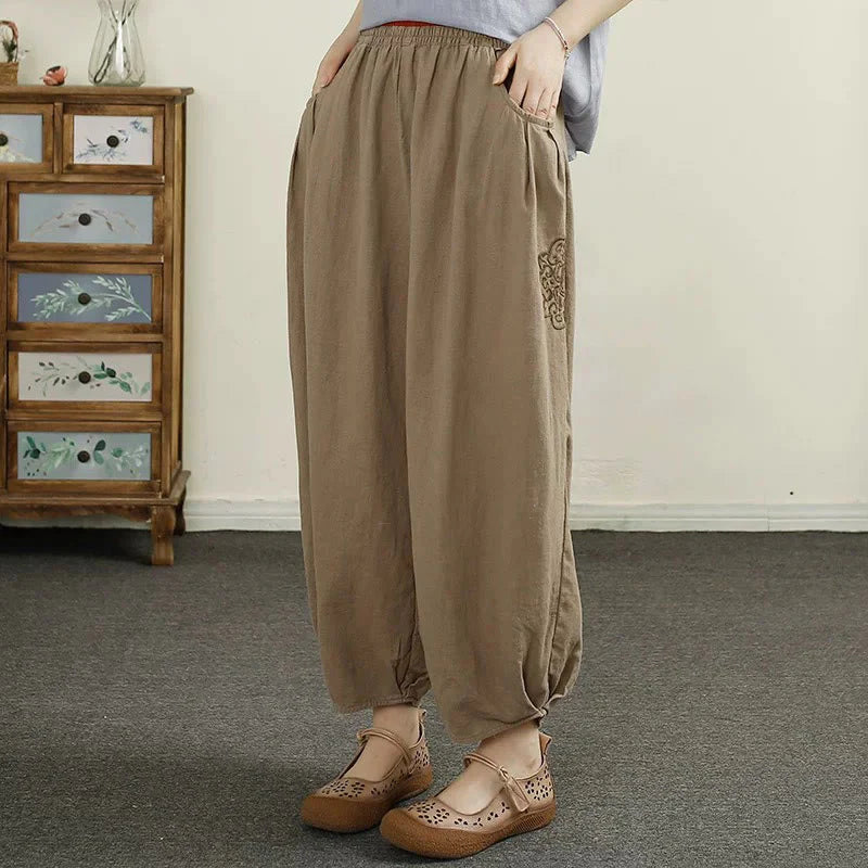 Buddha Stones Vintage Solid Color Embroidery Cotton Linen Women's 7-8 Length Harem Pants With Pockets