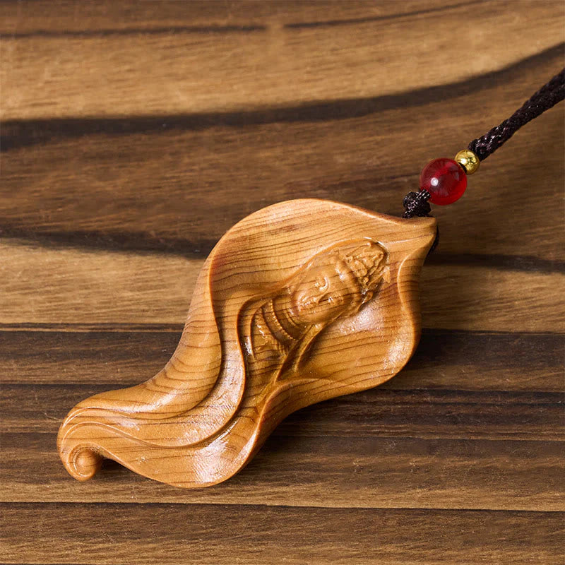 Buddha Stones Guanyin Kwan Yin Avalokiteśvara Lotus Leaf Platycladus Orientalis Wood Wealth Necklace Pendant