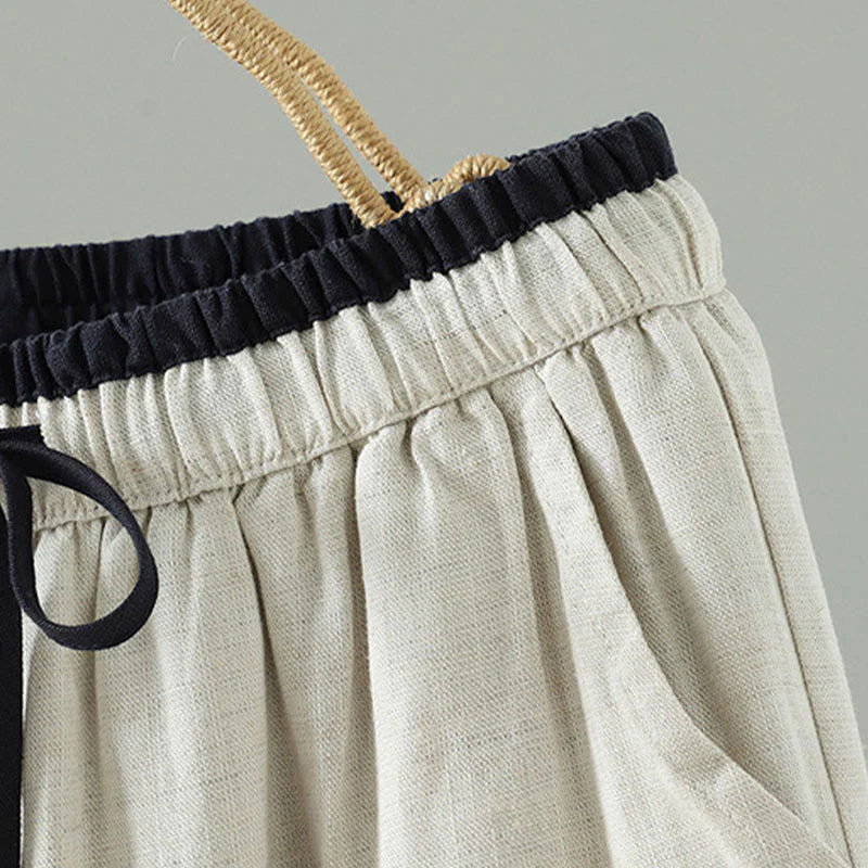 Buddha Stones Winter Contrasting Drawstring Cotton Linen Women's Wide Leg Pants With Pockets