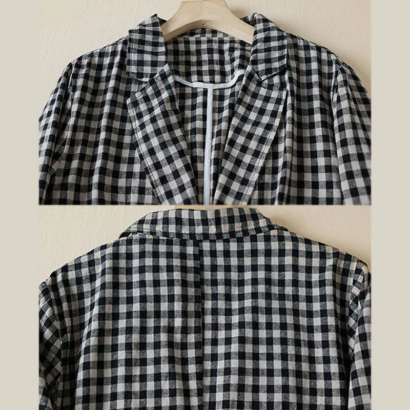 Buddha Stones Commute Plaid Pattern Women's Cotton Lapel Long Sleeve Jacket With Pockets