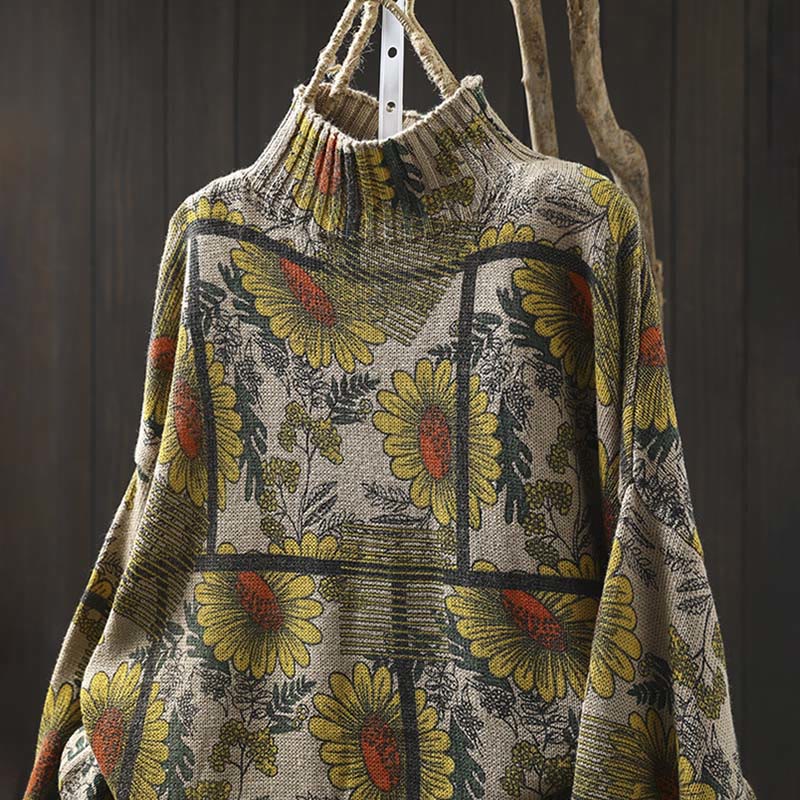 Buddha Stones Sunflower Pattern Mock Neck Long Sleeve Women's Cotton Sweater