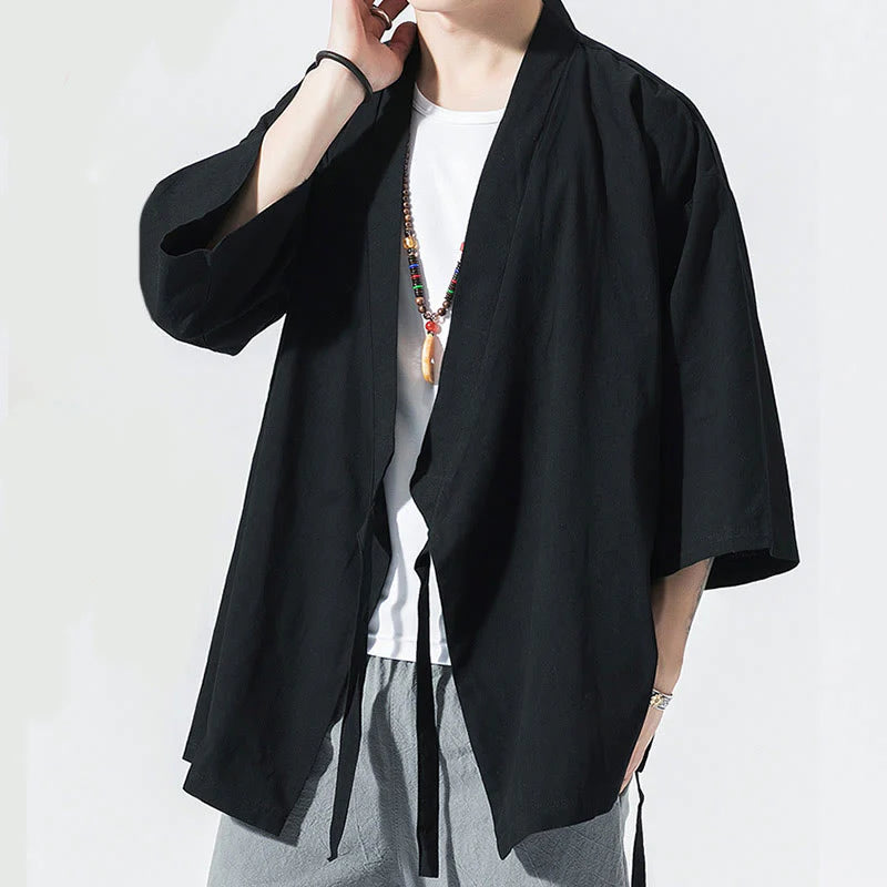 Buddha Stones Tang Suit Open Front Jacket Cotton Linen Men's Three Quarter Sleeve Kimono