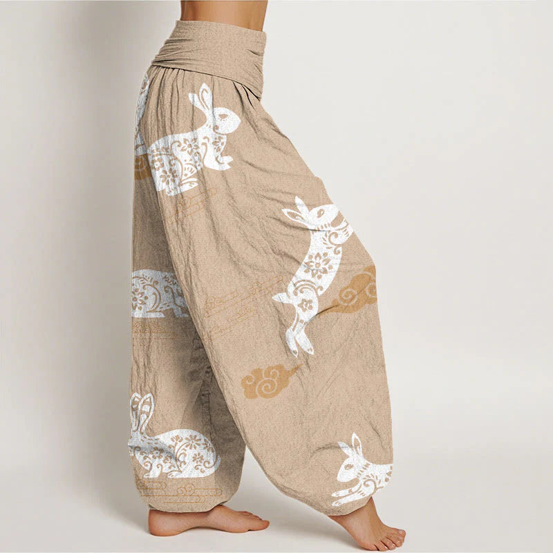 Buddha Stones Cotton White Rabbit Auspicious Cloud Pattern Women's Elastic Waist Harem Pants