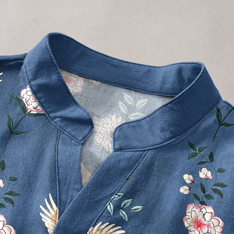 Buddha Stones Cotton Crane Floral Print Men's Short Sleeve Half Button Shirt