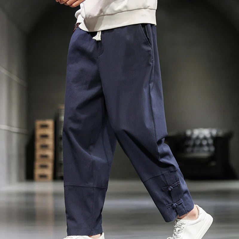 Buddha Stones Drawstring Elastic Waist Frog-Button Ankle-Length Men's Cotton Pants With Pockets