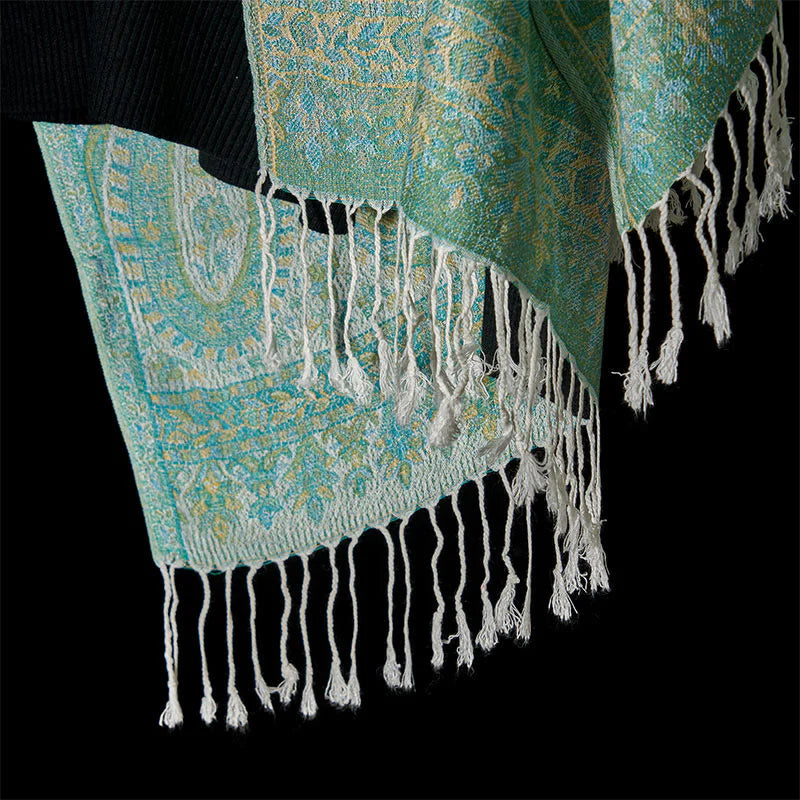 Buddha Stones Spring Green Cashew Flower Geometric Stripes Pattern Tassel Cozy Scarf Shawl