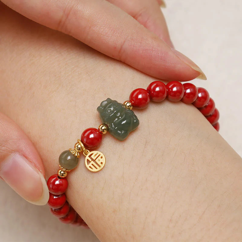 Buddha Stones 925 Sterling Silver Year of the Dragon Natural Cinnabar Hetian Jade Dragon Fu Character Ruyi As One Wishes Charm Blessing Bracelet (Extra 30% Off | USE CODE: FS30)
