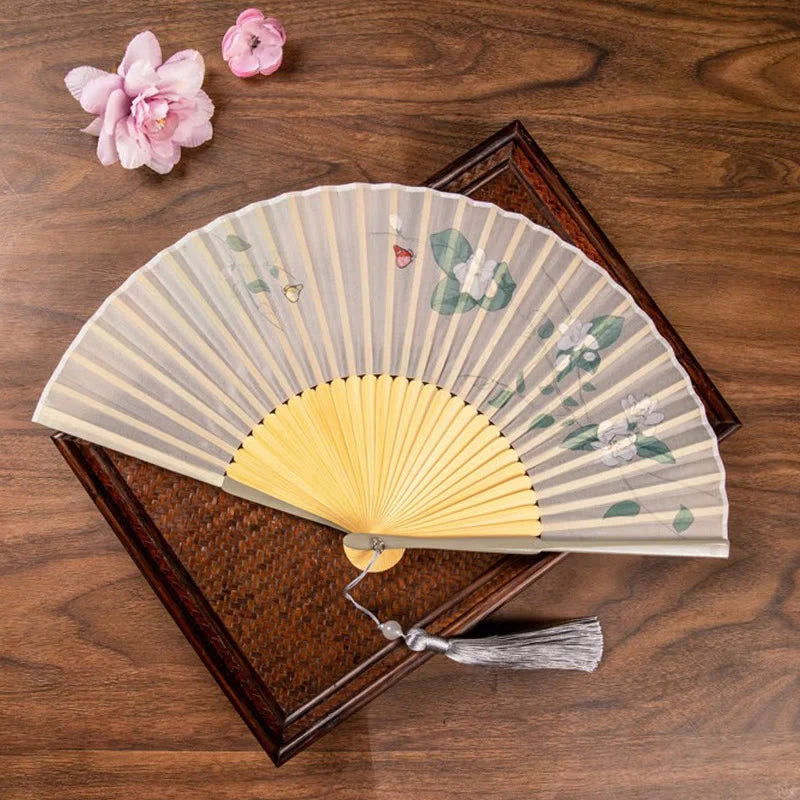 Buddha Stones Jasmine Lotus Begonia Flowers Handheld Bamboo Folding Fan (Extra 30% Off | USE CODE: FS30)