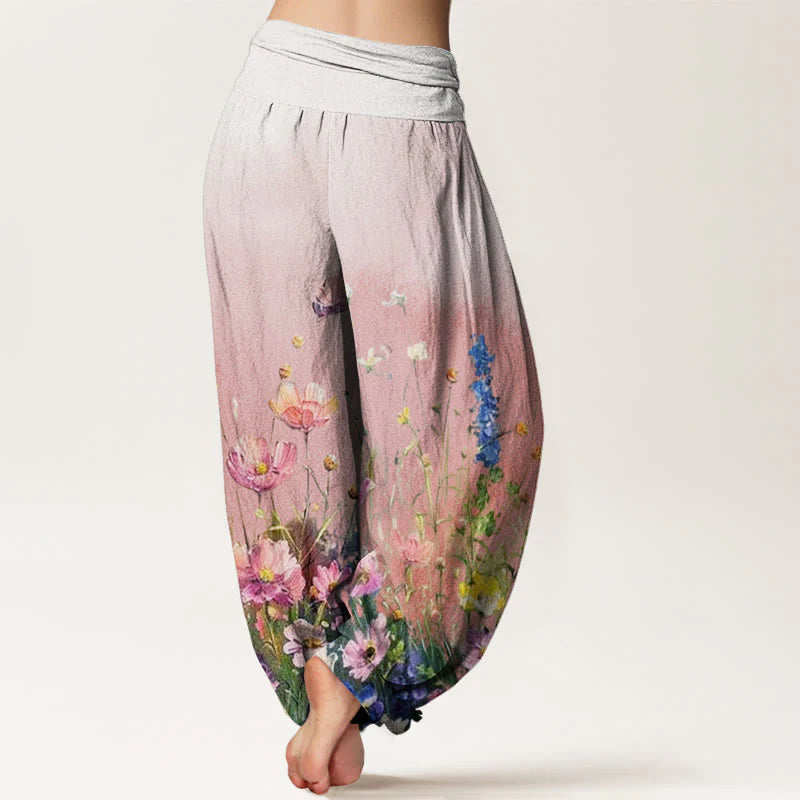 Buddha Stones Cotton Casual Watercolor Style Floral Pattern Women's Elastic Waist Harem Pants
