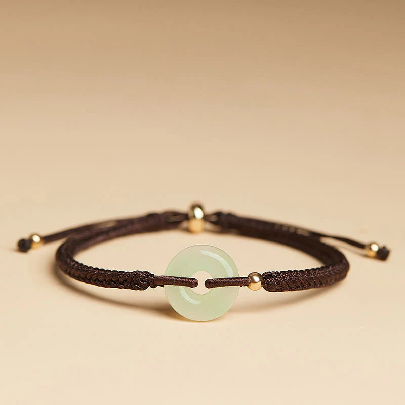 Buddha Stones Natural Hetian Jade Peace Buckle Fu Character Protection Luck Braided Bracelet