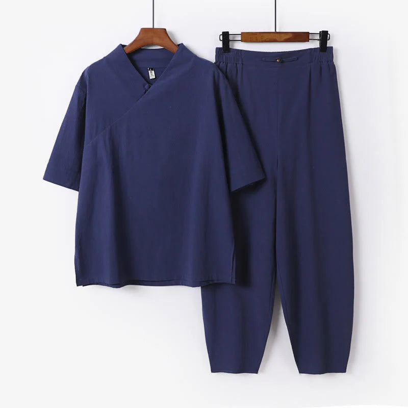 Buddha Stones 2Pcs V-Neck Cotton Half Sleeve Shirt Pants With Pockets Men's Meditation Cloth Set