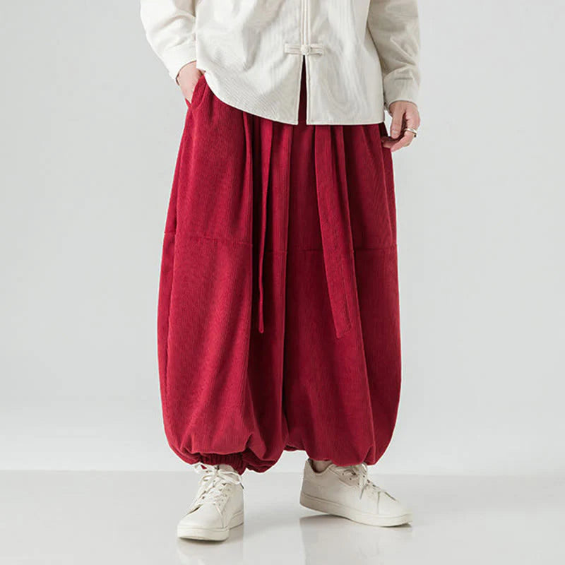 Buddha Stones Winter Solid Color Men's Harem Pure Cotton Corduroy Pants With Pockets