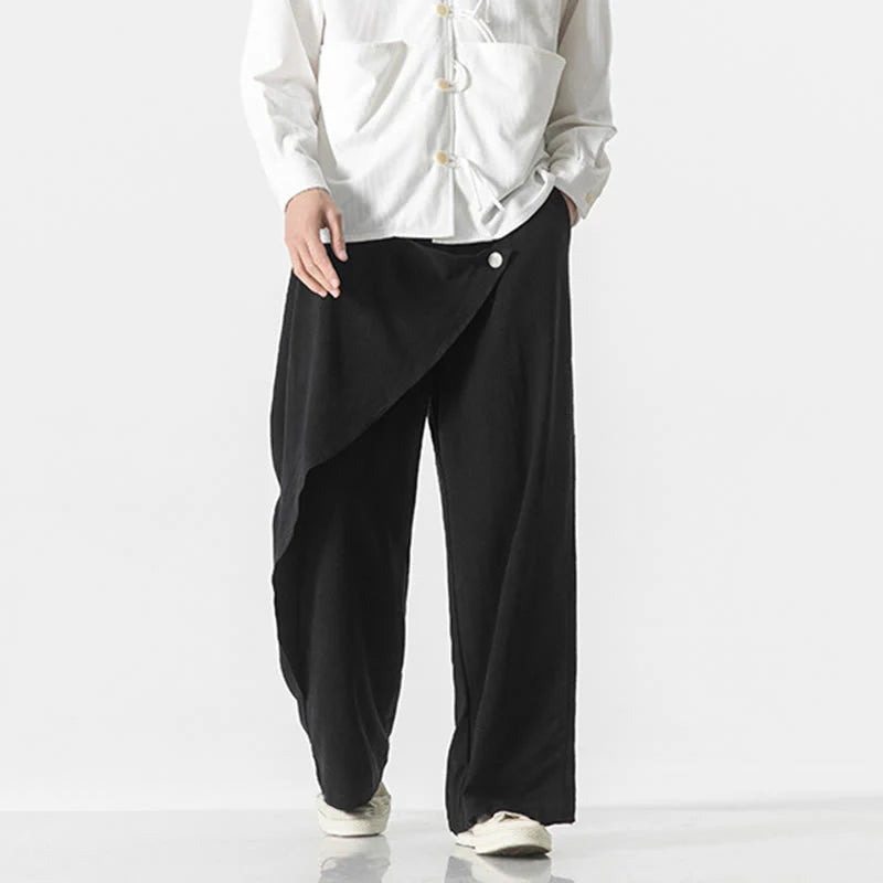 Buddha Stones Asymmetrical Patched Design Plain Men's Cotton Pants With Pockets