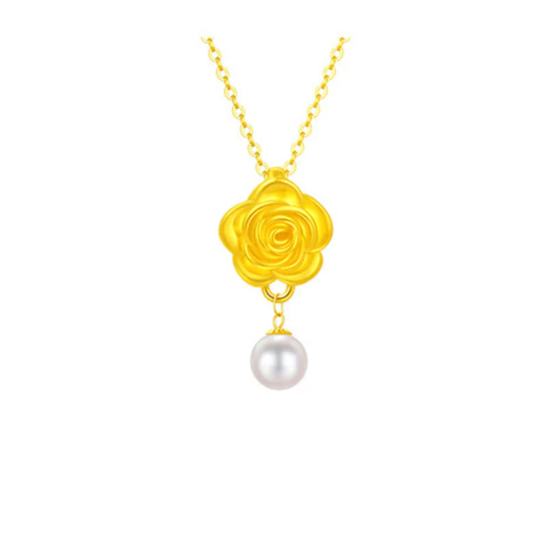 Buddha Stones 999 Sterling Silver Plated Gold Camellia Pearl Healing Necklace Pendant