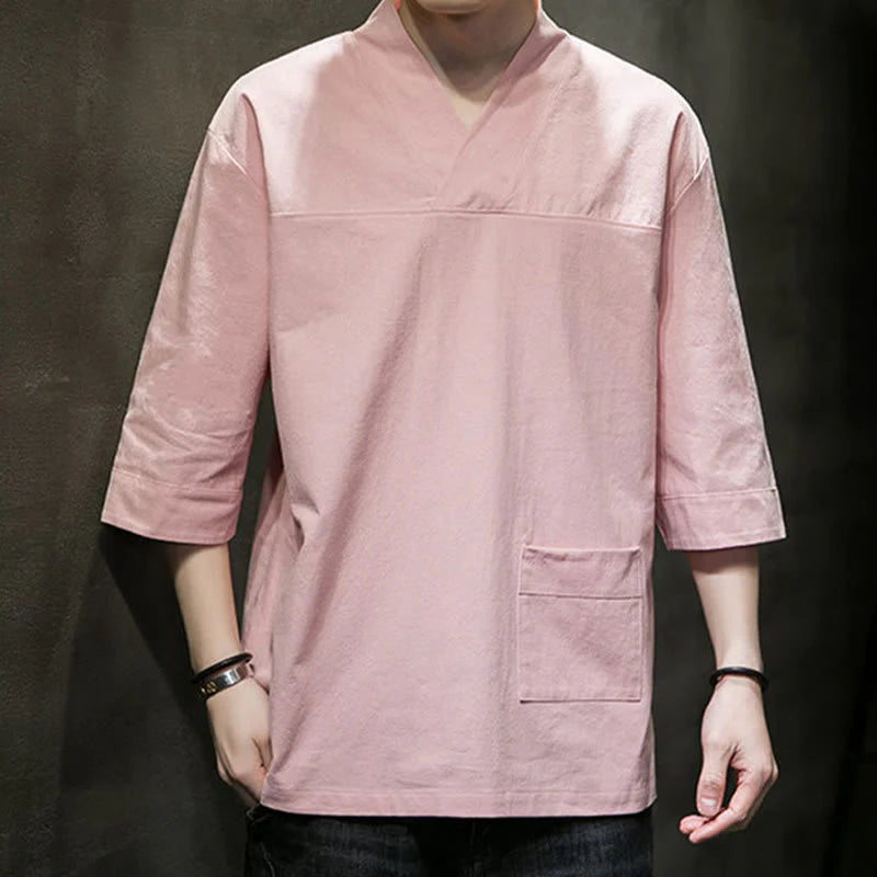 Buddha Stones Summer Casual Simple V-Neck Design Men's Cotton Linen Three Quarter Sleeve T-Shirt With Front Pocket