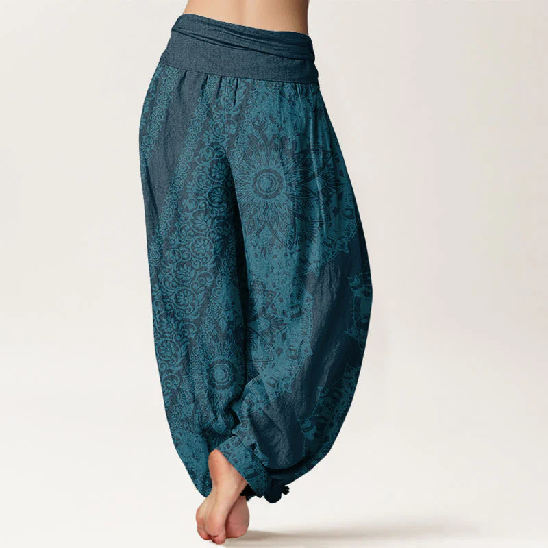 Buddha Stones Cotton Mandala Pattern Parallel Flowers Women's Elastic Waist Harem Pants