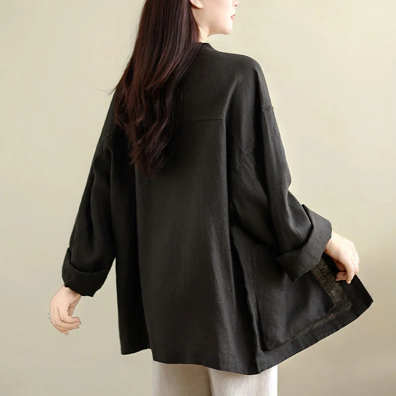 Buddha Stones Spring Crew Neck Long Sleeve Plain Women's Cotton Buttons Shirt With Pockets