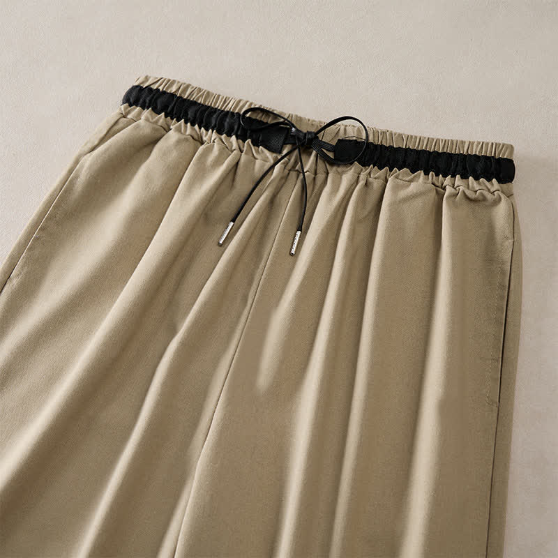 Buddha Stones Commute Drawstring Cotton Cropped Women's Wide Leg Pants With Pockets