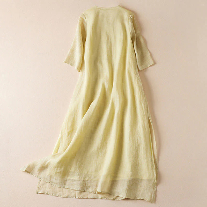 Buddha Stones Embroidered Leaf Crew Neck Half Sleeve Fiber Midi Dress