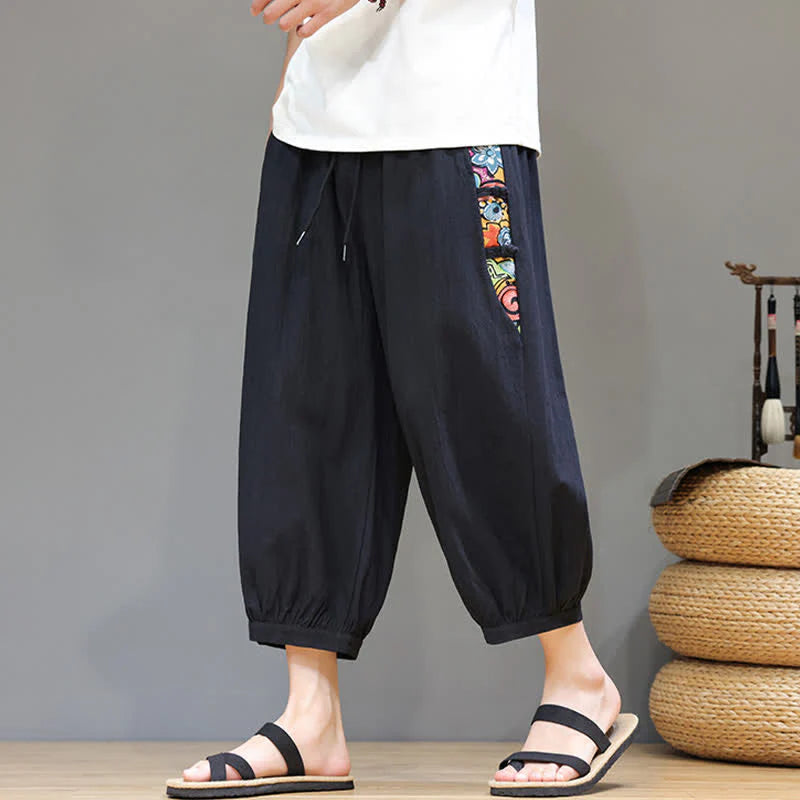 Buddha Stones Summer Tribal Side Stripe Drawstring Waist Men's Capri Tapered Pants With Pockets