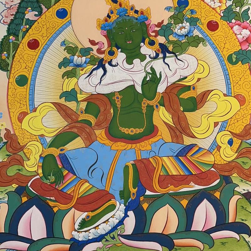 Buddha Stones Tibetan Thangka Painting Yellow God of Wealth Green Tara Avalokitesvara Handmade Decoration Blind Box(Random Style)