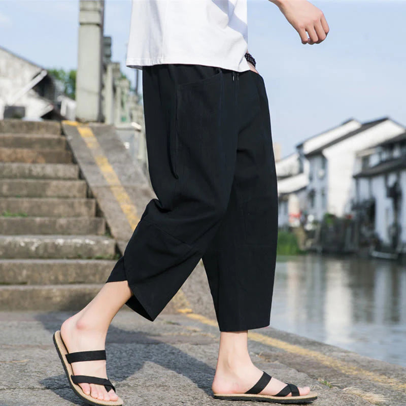Buddha Stones Summer Casual Simple Plain Tapered Design Drawstring Men's  7-8 Length Cotton Linen Pants With Pockets