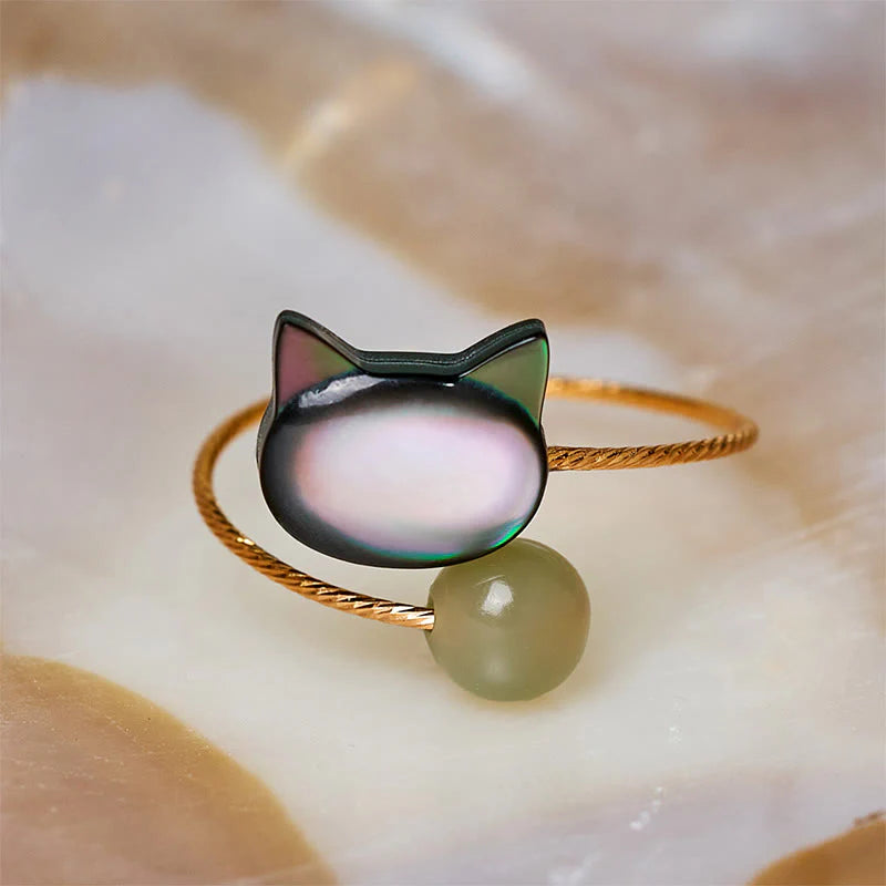 Buddha Stones Sending Protection and Charm Tridacna Stone Cat Ring Includes Gift Message Card