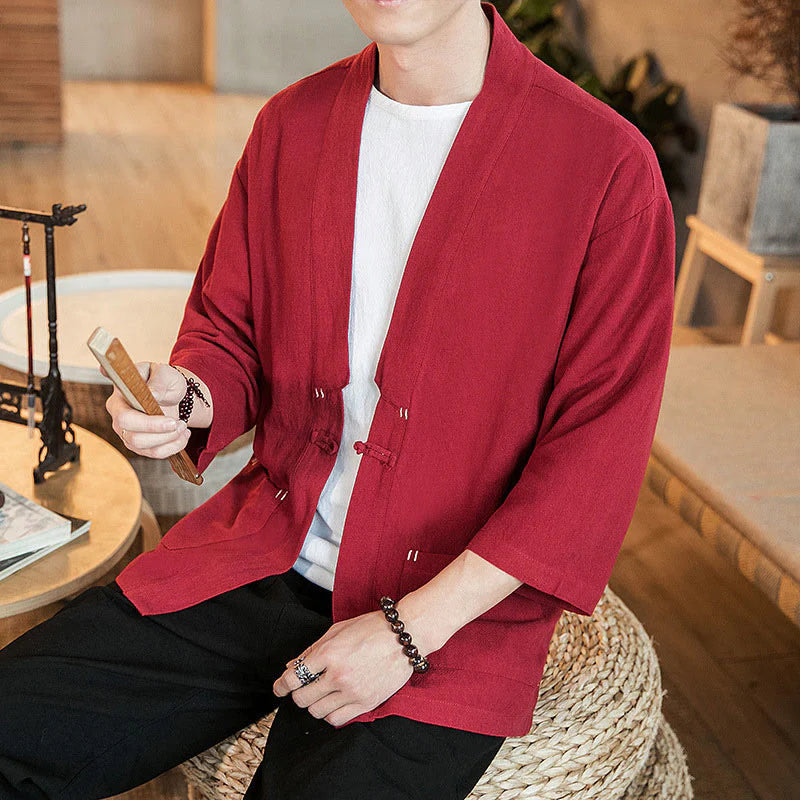 Buddha Stones Plain Chinese Frog-Button Jacket Cotton Linen Men's Three Quarter Sleeve Kimono