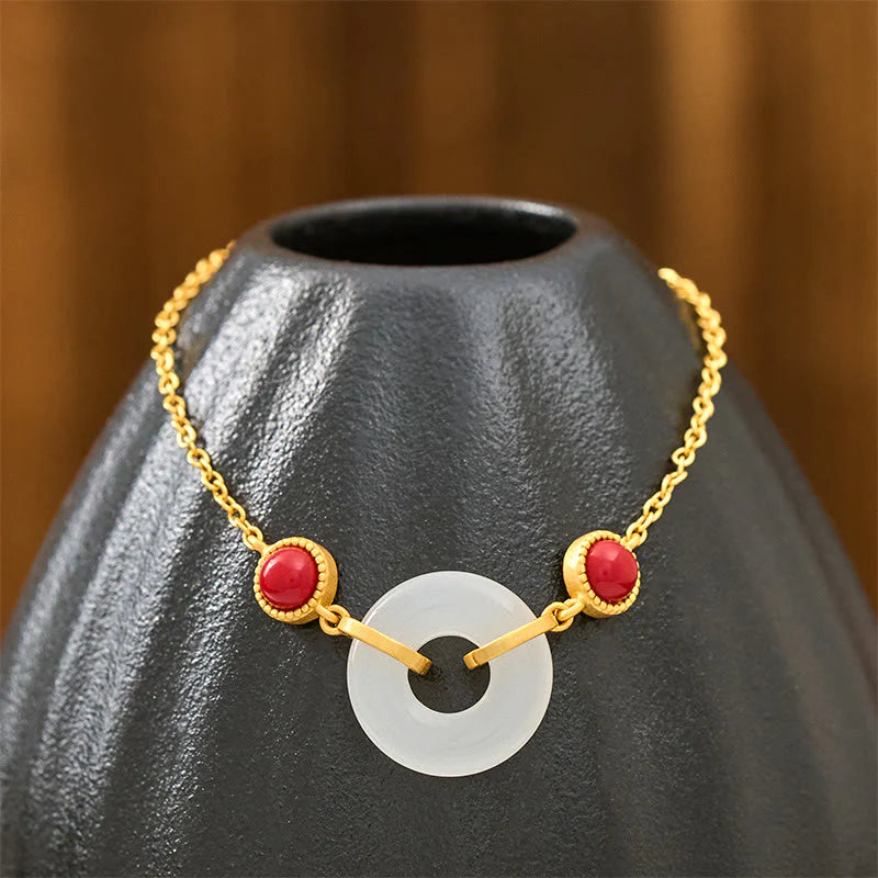 Buddha Stones Peace Buckle Hetian White Jade Copper Plated Gold Protection Bracelet