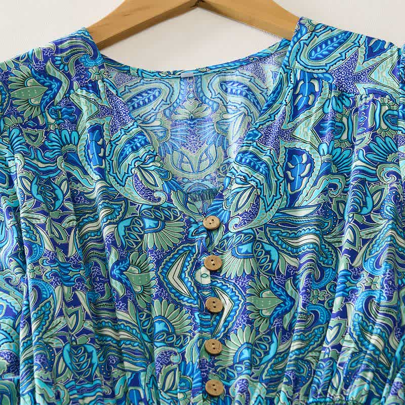 Buddha Stones Summer Peacock Paisley Tie Waist Viscose Lantern Sleeves Maxi Dress