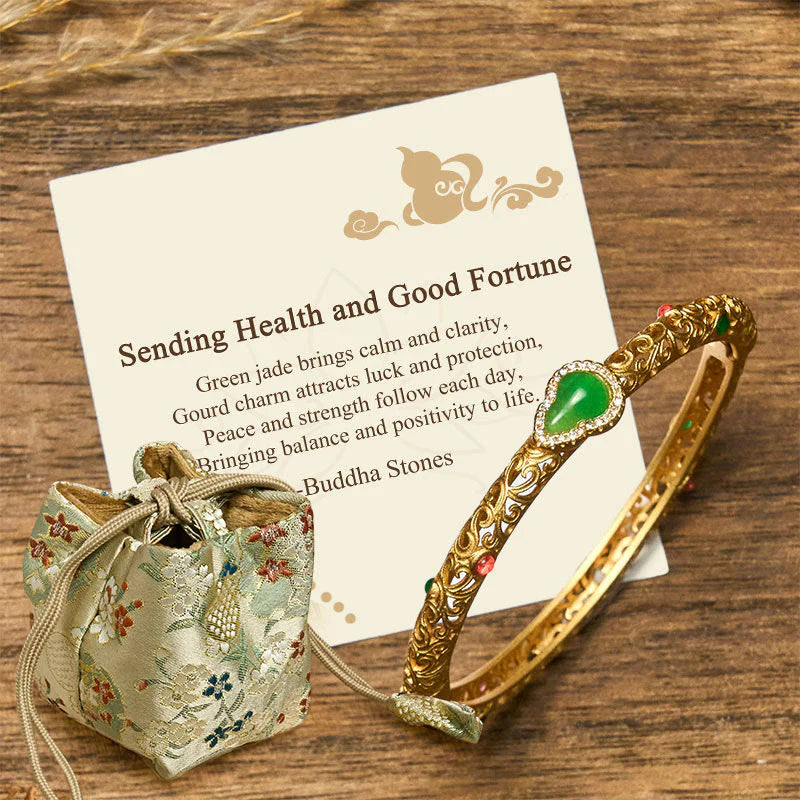 Buddha Stones Sending Health and Good Fortune Cyan Jade Copper Bangle Includes Gift Message Card