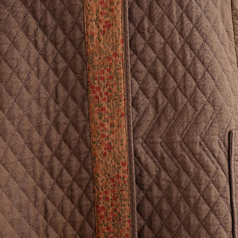 Buddha Stones Diamond Pattern Mid-length Women's Cotton Coat With Pockets