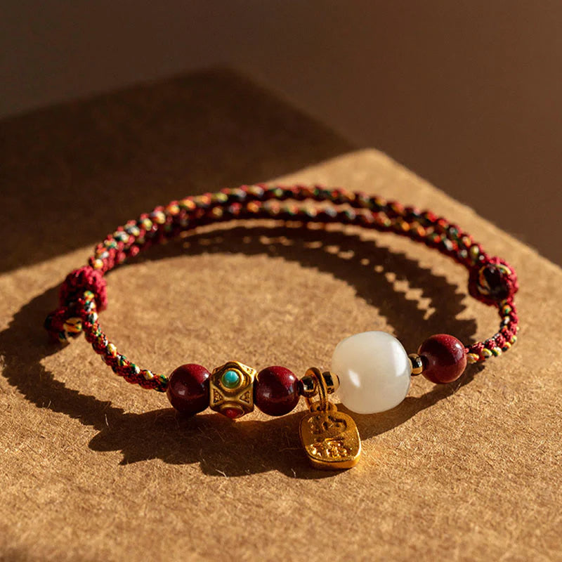 Buddha Stones Lucky Fortune Charm Hetian Cyan Jade White Jade Multicolored Braided String Prosperity Bracelet